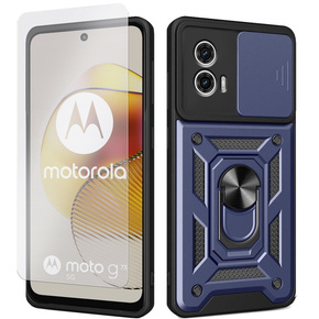 Zestaw Etui do Motorola Moto G73 5G pancerne, z ochroną aparatu i ringiem, niebieskie + szkło