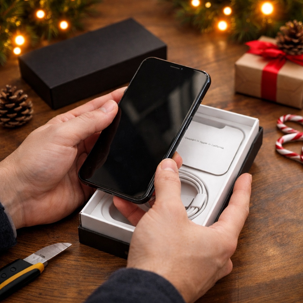 Otwieranie pudełka z nowym smartfonem