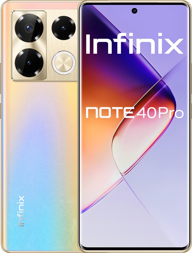 Infinix Note 40 Pro w kolorze złotym - widok z przodu i tyłu