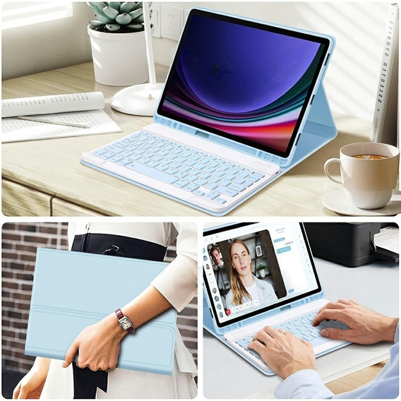Etui z klawiaturą do Samsung Galaxy Tab S10 Lite / S10 FE / S9 FE, Leather Pen Slot, jasnoniebieskie