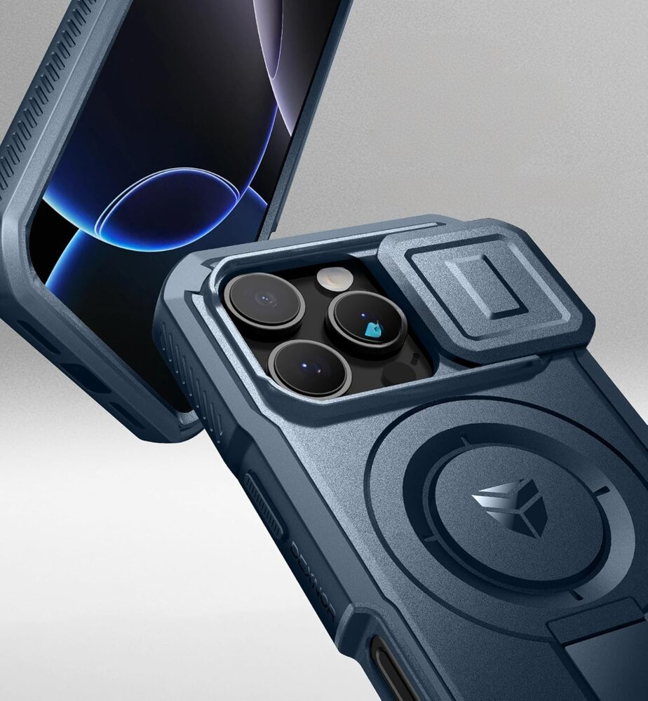 Etui Dexnor iPhone 16 Pro – niebieska wersja z przesuwaną osłoną aparatu