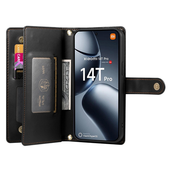 Etui z klapką do Xiaomi 14T Pro, Wallet Zipper Pocket, czarne