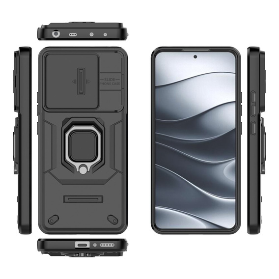 Etui do Xiaomi Redmi Note 14 5G, KickStand Camera Lens, czarne + Szkło 9H
