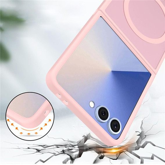Samsung Galaxy Z Flip7 w różowym etui z TPU i akrylowymi pleckami, widok ochrony przed zarysowaniami