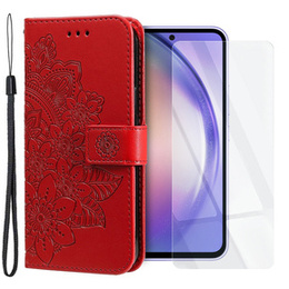 Zestaw Etui z klapką do Samsung Galaxy A54 5G, portfel Mandala i kwiaty, czerwone + szkło