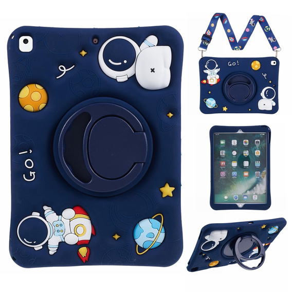 Etui silikonowe dla dzieci do iPad 10.2" 2021/2020/2019 (9/8/7 gen.), pancerne z paskiem, Astronaut, Granatowe