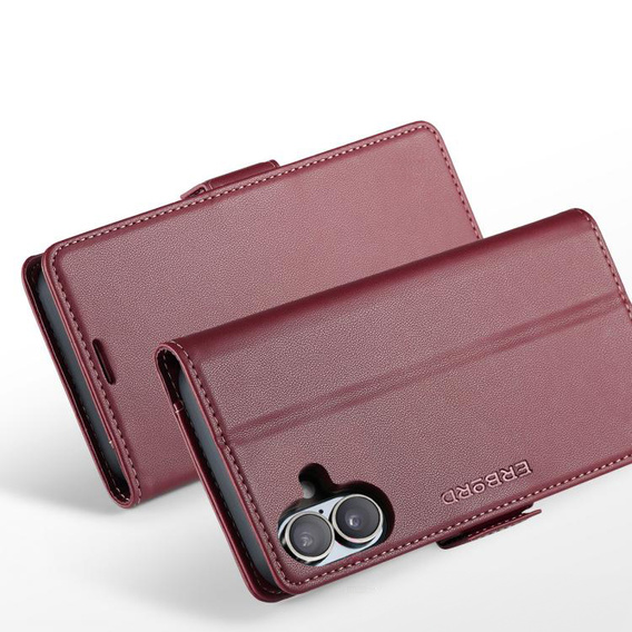 Etui do iPhone 17, ERBORD Glossy Litchi, portfel z klapką, czerwone