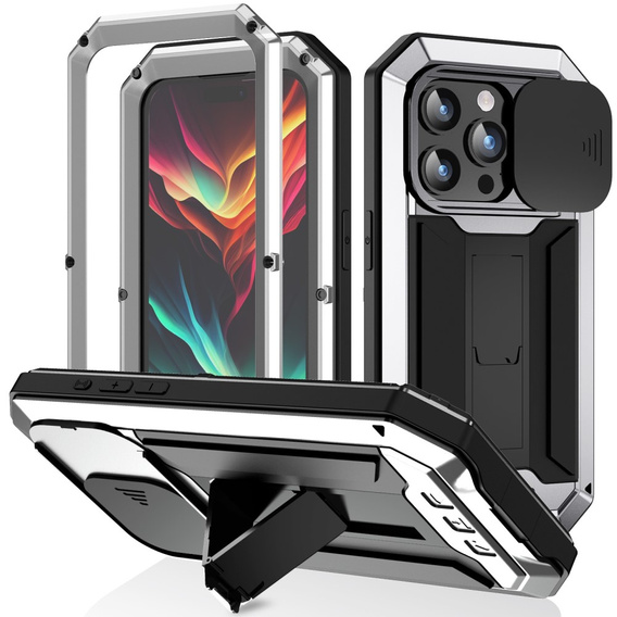 Etui do iPhone 15 Pro, R-JUST CamShield Slide, pancerne, srebrne / czarne