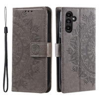 Etui z klapką do Samsung Galaxy A25 5G, Mandala, szare + szkło 9H