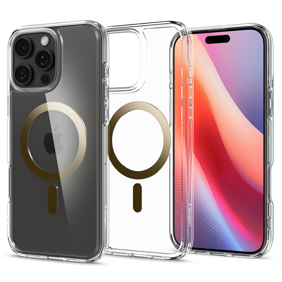 Etui z MagSafe Spigen do iPhone 16 Pro Max, Ultra Hybrid, przezroczyste / złote + Szkło Hartowane 9H