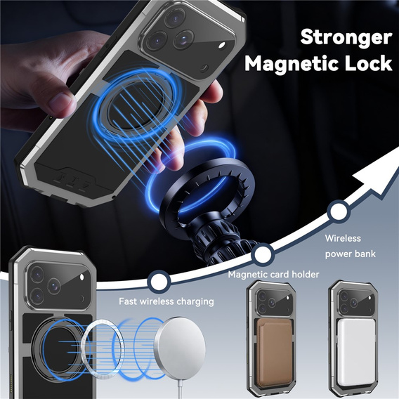 Etui pancerne do iPhone 17 Pro Max, R-JUST, do MagSafe, z podstawką, srebrne