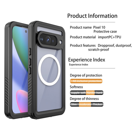 Etui Wodoodporne IP68 do Google Pixel 10, Redpepper, do MagSafe, przezroczyste z czarną ramką