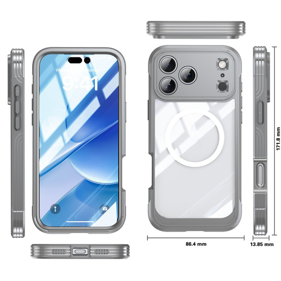 Etui do iPhone 17 Pro, Shockproof, ze szkłem, do MagSafe, szare