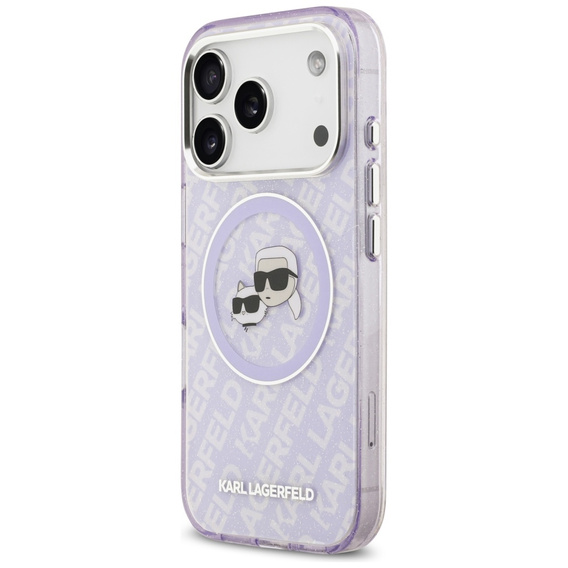 Etui Karl Lagerfeld do iPhone 17 Pro, IML Glitter Karl and Choupette Heads MagSafe, przezroczyste / fioletowe