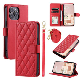 Etui z klapką do iPhone 16 Pro Max, Rhombus Crossbody Leather, czerwone