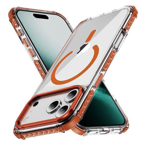 Etui pancerne do iPhone 17 Pro, do MagSafe, przezroczyste z pomarańczową ramką