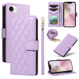 Etui z klapką do iPhone 16E, Rhombus Crossbody Leather, fioletowe