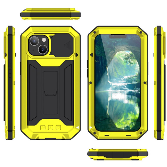 Etui do iPhone 13, R-JUST CamShield Slide, pancerne, żółte / czarne