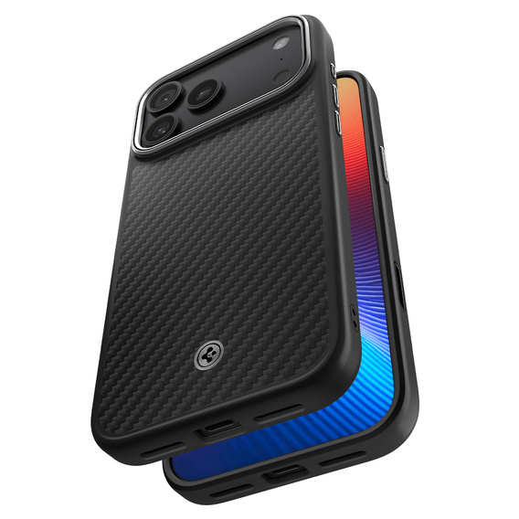 Etui Spigen do iPhone 17 Pro, Enzo Aramid MagSafe, carbon czarne / srebrne