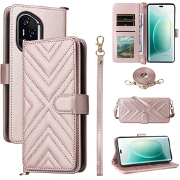 Etui z klapką do Honor 400 5G, Crossbody Leather Wallet, różowe