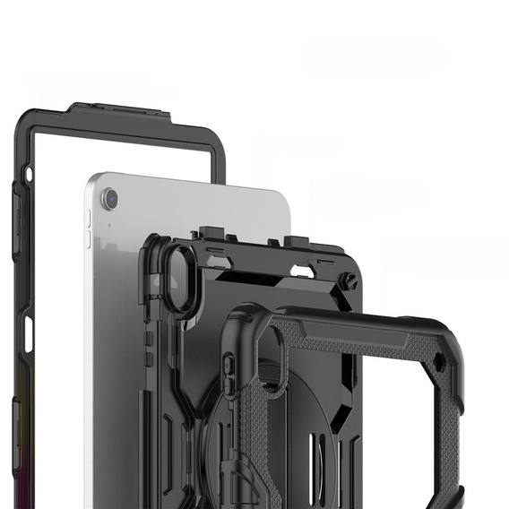Etui pancerne do iPad 11" 2025 A16 (11 gen.) / 10.9" 2022 (10 gen.) z obrotową podstawką 360°, paskiem na dłoń i paskiem na ramię - czarne