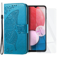 Zestaw Etui z Klapką do Samsung Galaxy A13 4G, Motyl, Niebieskie + szkło