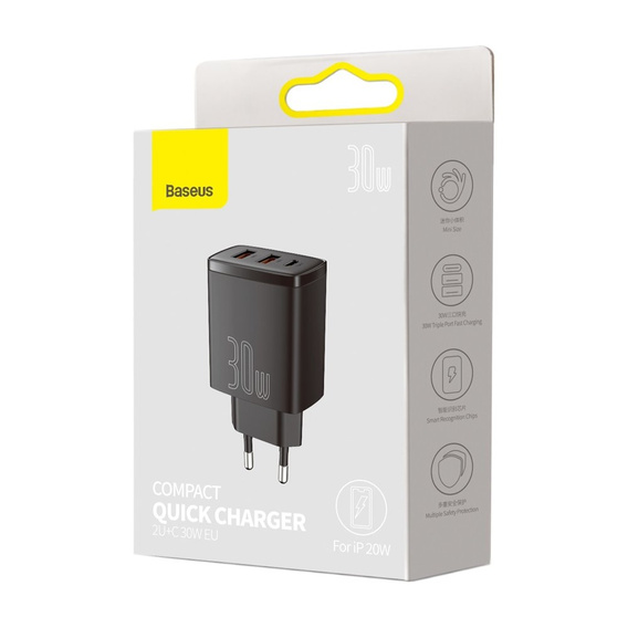 BASEUS Ładowarka Sieciowa 2xUSB + USB Type-C, 30W, Black