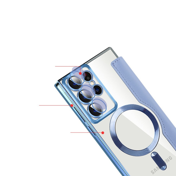Etui z klapką do Samsung Galaxy S22 Ultra 5G, RFID Wallet MagSafe z ochroną aparatu, niebieskie