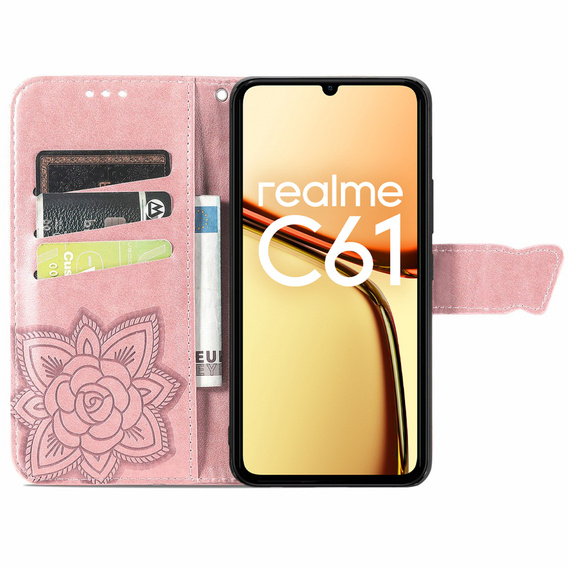 Etui z klapką do Realme C61, Butterfly, różowe rose gold