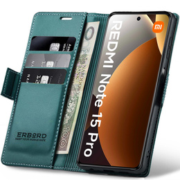 Etui do Xiaomi Redmi Note 15 Pro 4G, ERBORD Glossy Litchi, portfel z klapką, zielone