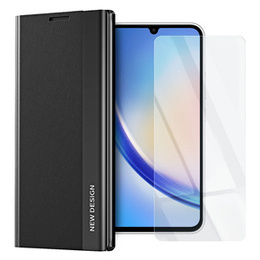 Zestaw Etui do Samsung Galaxy A34 5G, Side Magnetic z klapką, Czarne + szkło
