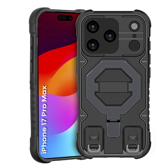 Etui pancerne do iPhone 17 Pro Max, do MagSafe, z podstawką, czarne