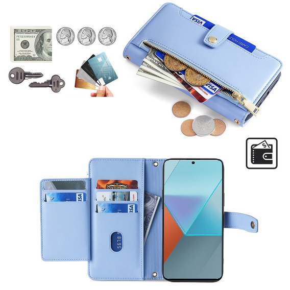 Etui z klapką do Xiaomi Redmi Note 13 Pro 5G, Wallet Zipper Pocket, niebieskie