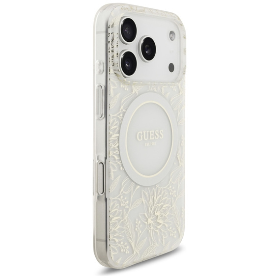 Etui GUESS do iPhone 17 Pro, IML Flowers Electroplated Allover With Beads Strap, do MagSafe, z paskiem, białe