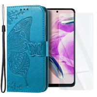 Zestaw Etui z klapką do Xiaomi Redmi Note 12S, Motyl, Niebieskie + Szkło