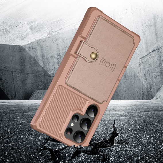 Etui do Samsung Galaxy S25 Ultra z kieszenią na karty, zapięciem na napę – różowe