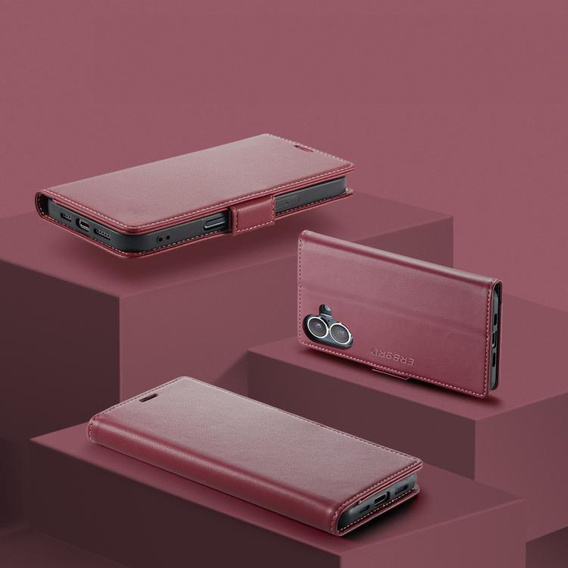 Etui do iPhone 17, ERBORD Glossy Litchi, portfel z klapką, czerwone