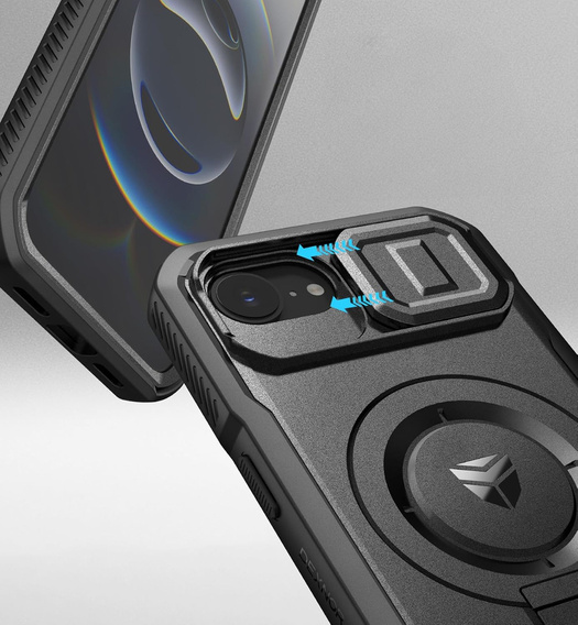 Etui pancerne do iPhone 16e, Dexnor CamProtect MagSafe, z folią prywatyzującą, czarne (Dwie ramki)