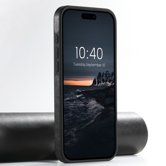 Etui Suteni MagSafe do iPhone 16 Pro – czarne, skórzane, magnetyczne, z funkcją podstawki