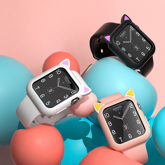 Etui Silikonowe do Apple Watch 7/8/9 45mm, Kocie Uszy, Białe