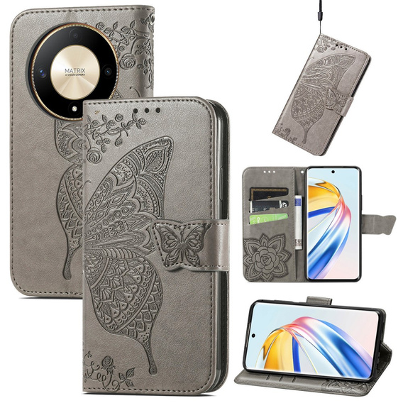 Etui z klapką do Honor Magic 6 Lite 5G, Butterfly, szare