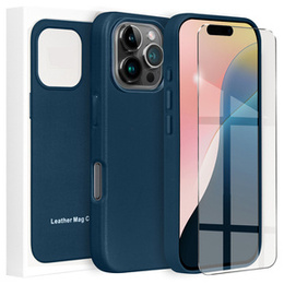 Skórzane Etui do MagSafe do iPhone 16 Pro, niebieskie + Szkło Hartowane 9H