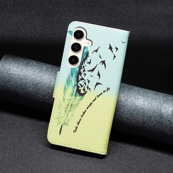 Etui z klapką do Samsung Galaxy S23 FE, Wallet, Feather niebieskie / żółte