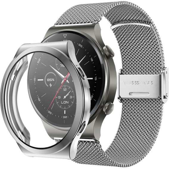 Bransoleta Milanese + Etui z osłoną na ekran do Huawei Watch GT 2 Pro, Srebrny