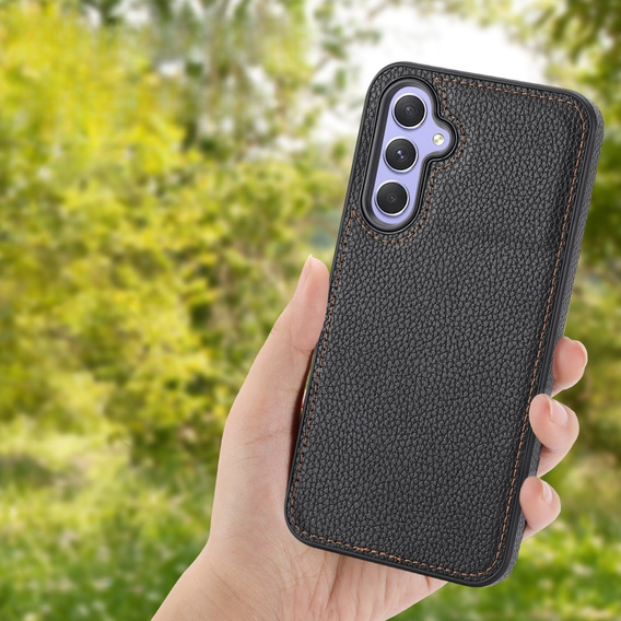 Etui skórzane do Samsung Galaxy A25 5G, Obudowa Lychee leather Case, Czarne + Szkło 9H