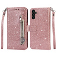 Etui z klapką do Samsung Galaxy A55, Wallet Zipper Pocket Glittery, różowe rose gold