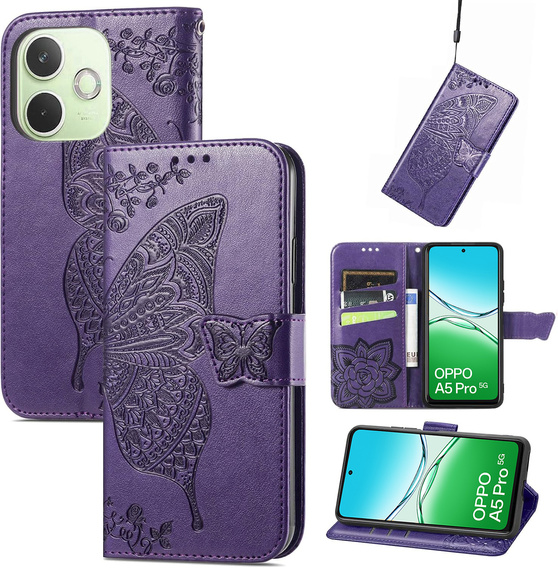 Etui z klapką do Oppo A5 Pro 5G, Butterfly, fioletowe