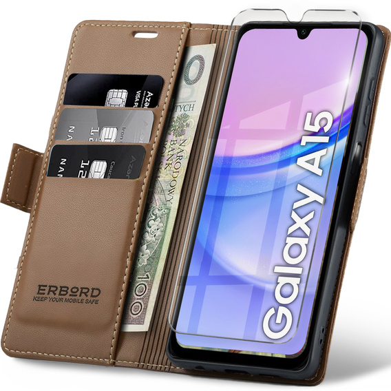 Etui do Samsung Galaxy A15 4G / 5G, ERBORD Glossy Litchi, portfel z klapką, brązowe + Szkło Hartowane 9H