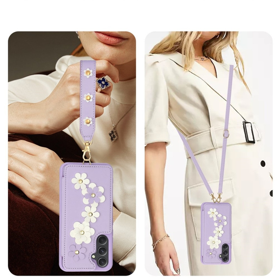 Etui do Samsung Galaxy S23 FE, Leather Flower Card Slot, fioletowe
