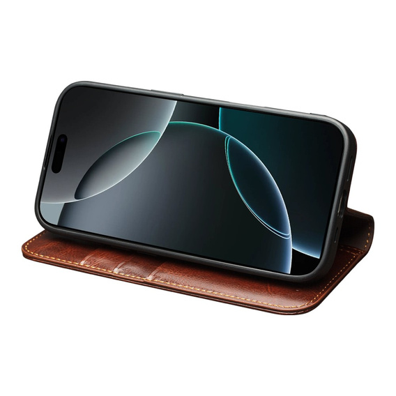 Etui ze skóry z klapką do iPhone 17 Pro Max, QIALINO Genuine Cow Leather – brązowe